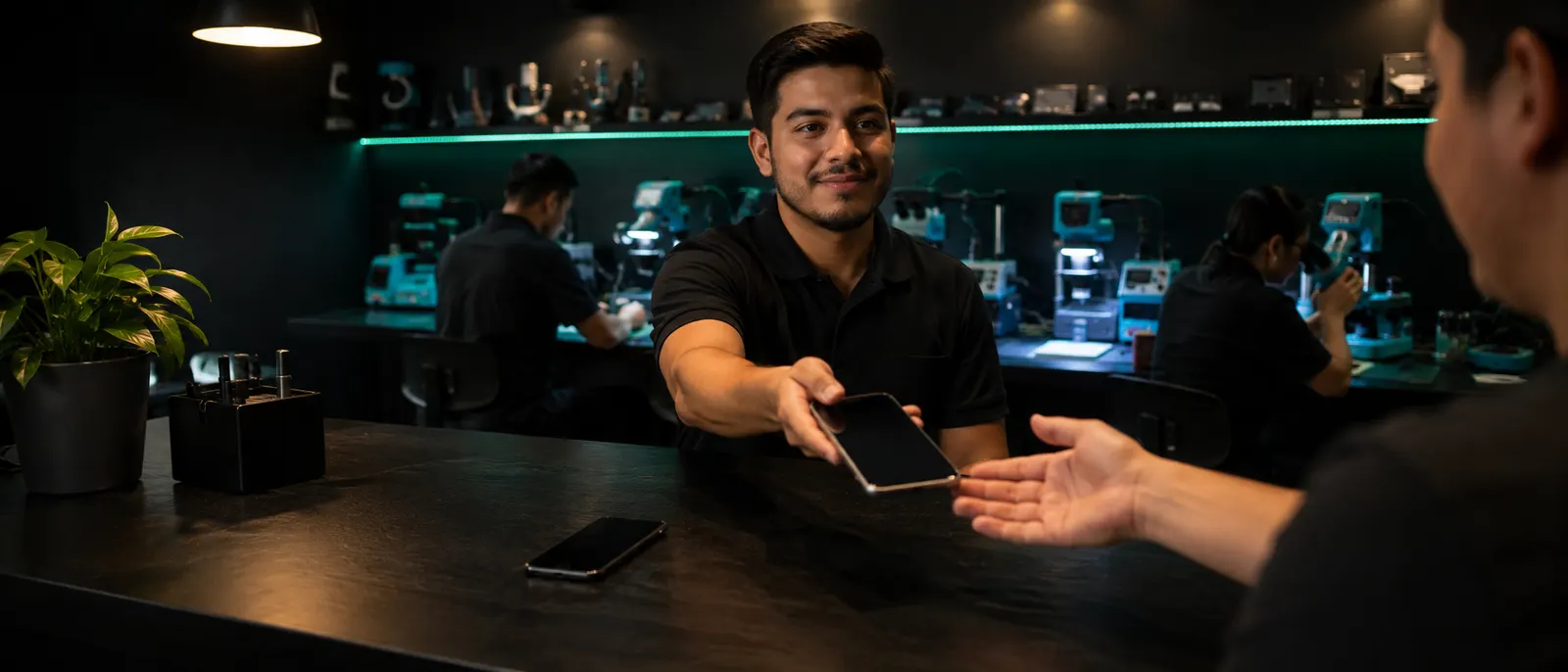 Mostrador de Dr. Phone con teléfonos reparados listos para entregar