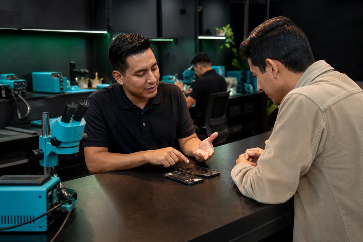 Técnico de Dr. Phone explicándole a un cliente qué tiene su teléfono sobre el mostrador