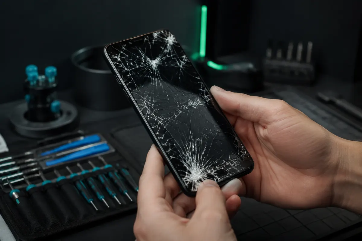 Celular con la pantalla completamente partida en la mano de una persona