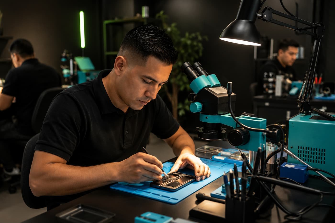 Técnico de Dr. Phone trabajando en un teléfono abierto bajo la lámpara del banco de trabajo