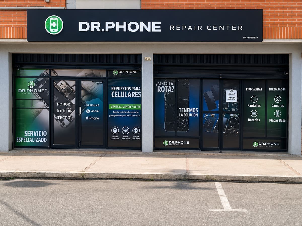 Fachada del local de Dr. Phone Repair Center en Barquisimeto, con vitrinas de servicio especializado y las marcas atendidas