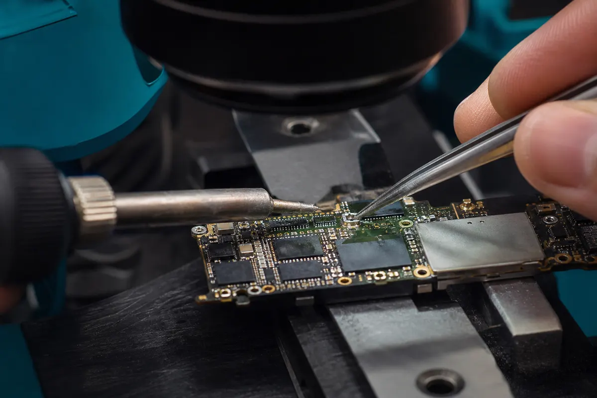 Micro-soldadura en la placa de un teléfono bajo microscopio en el taller de Dr. Phone