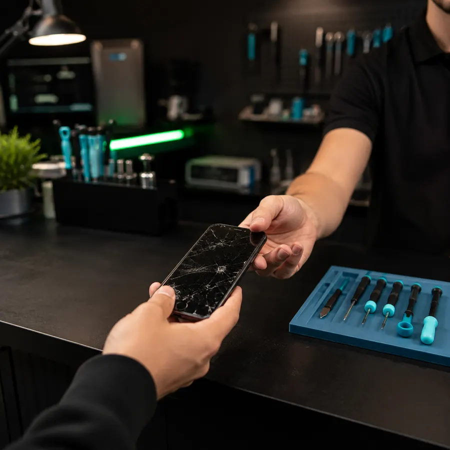 Cliente entregando su teléfono en el mostrador de Dr. Phone