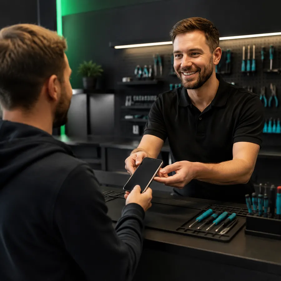 Técnico entregando el teléfono reparado a un cliente