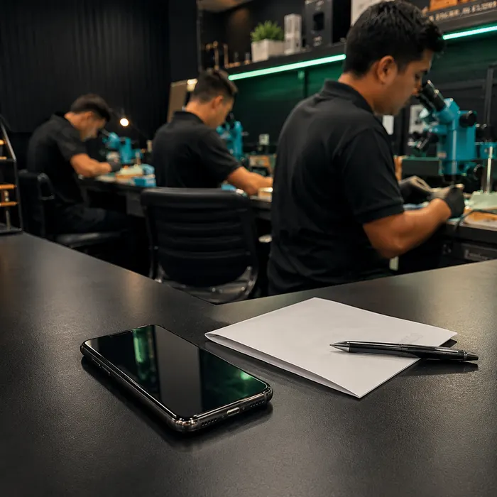 Teléfono reparado junto al comprobante de garantía firmado