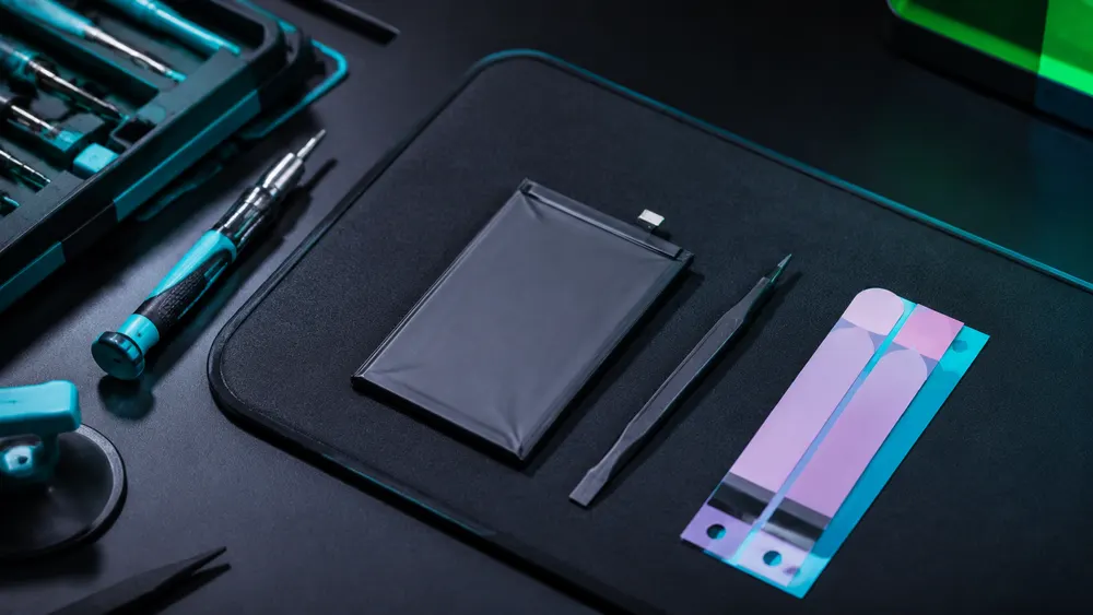 Batería nueva de celular sobre mesa antiestática