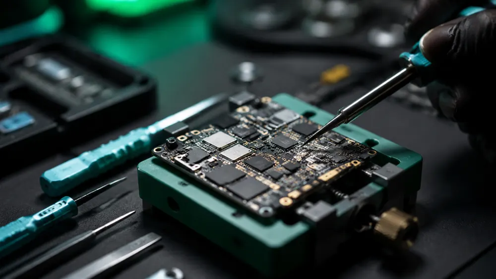 Placa de teléfono sujeta en soporte durante una micro-soldadura