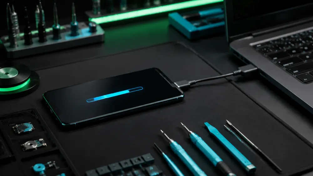 Teléfono conectado por cable a una laptop durante una actualización de software