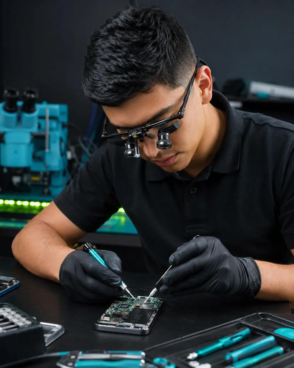 Técnico de Dr. Phone con lupa de aumento revisando una placa
