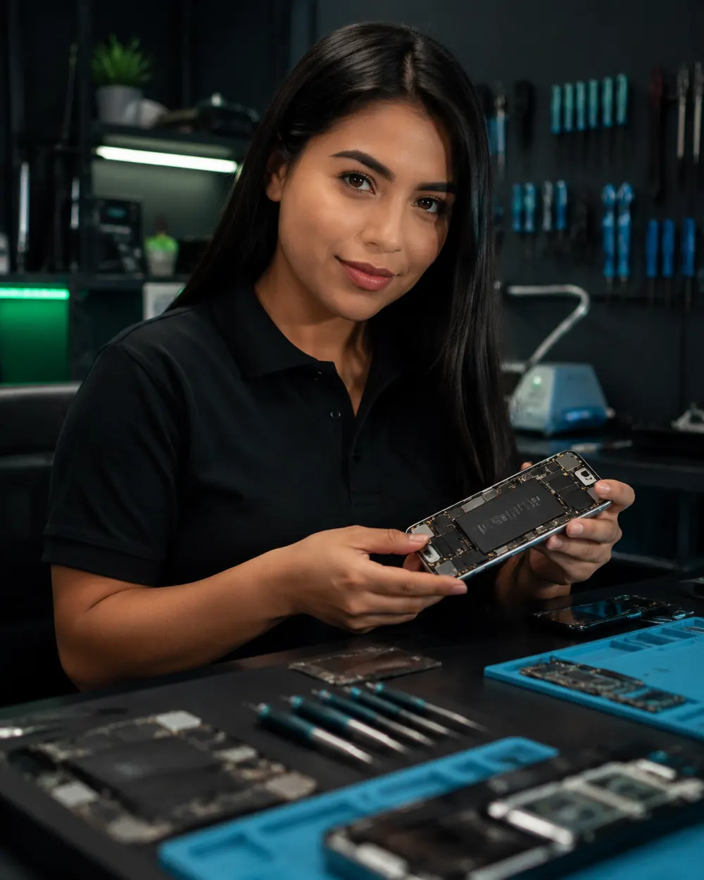 Técnica de Dr. Phone revisando un teléfono desarmado